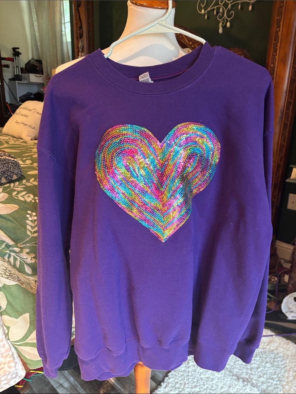 Gildan Purple Crewneck Sweater with Multicolor Sequin Heart